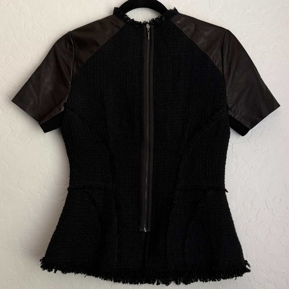Rebecca Taylor Women's Leather Sleeve Peplum Tweed Top Black Sz 6 - Picture 2 of 10